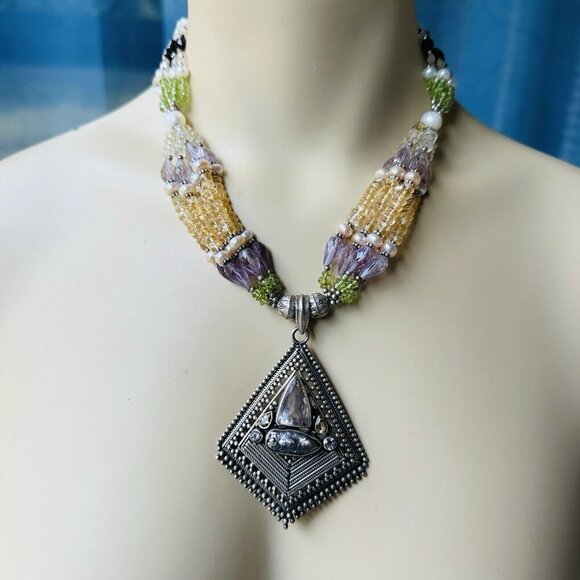 Statement Pendant Necklace 16" Amethyst Peridot Citrine Gems 925 Sterling 100.4g - Picture 2 of 12